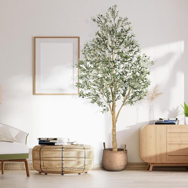 10 ft. Artificial Olive Tree in Pot with Natural Wood Trunk and Lifelike Fruits