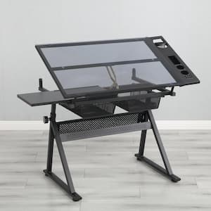 38.5 in. Rectangular Black Metal Adjustable Tempered Glass Standing Drafting Printing Desk with Chair