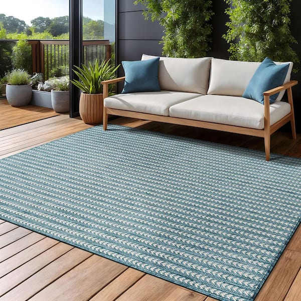 Arrow Aqua 6 ft. x 9 ft. Chevron Striped Washable Indoor Outdoor Area Rug