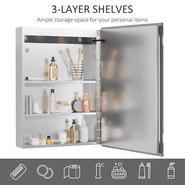 Tileon 19.75 in. W x 27.50 in. H Rectangular Steel Medicine Cabinet with Mirror, Lighted Organizer with 3-Shelves - Silver