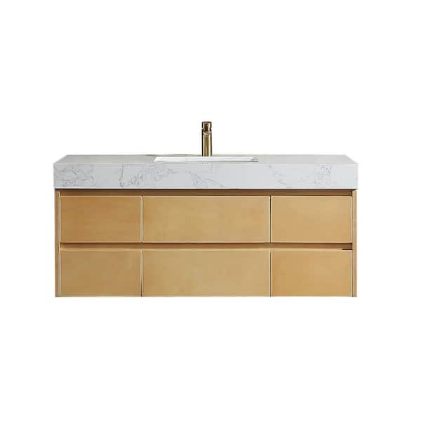 tunuo 48 in. W x 20.8 in. D x21.3 in. H Floating Bath Vanity in Natural Wood with White Marble Countertop