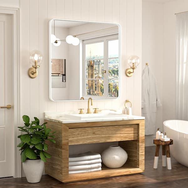 36 in. W x 36 in. H Modern Rectangular White Aluminum Framed Wall Bathroom Vanity Mirror