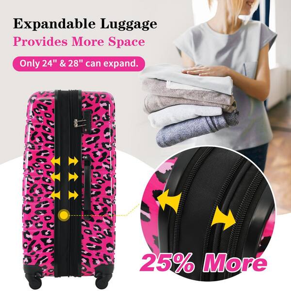 3-Piece Hot Pink Leopard Expandable Hardshell Luggage Set Suitcase