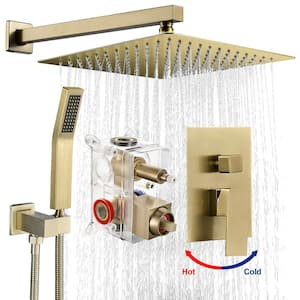 12 in. Single Handle 1-Spray Square Shower Faucet 1.8 GPM with Pressure Balance in Gold (Valve Included)