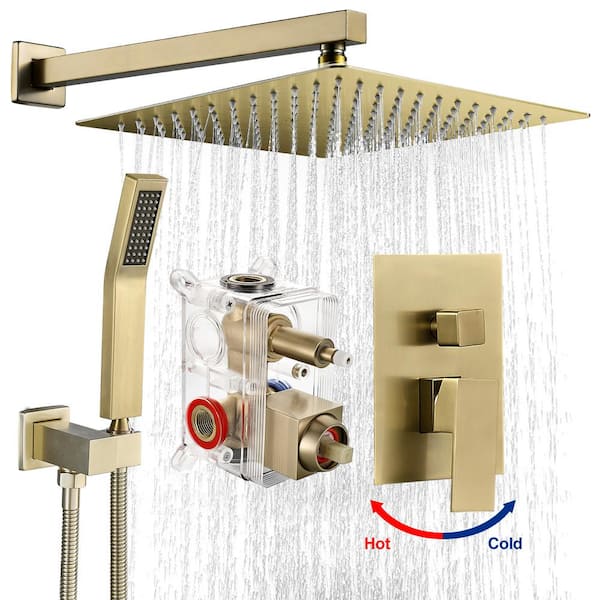 cobbe 12 in. Single Handle 1-Spray Square Shower Faucet 1.8 GPM with Pressure Balance in Gold (Valve Included)