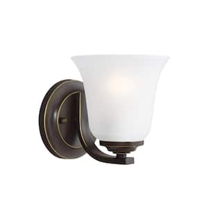 Emmons 5.875 in. 1-Light Bronze Traditional Transitional Wall Sconce with Satin Etched Glass Shade