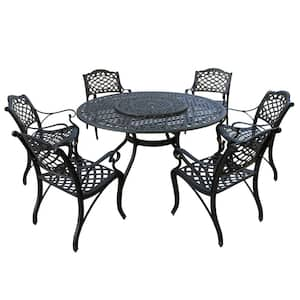 Black 7-Piece Aluminum Round Mesh Outdoor Dining Set with 6-Chairs and Lazy Susan