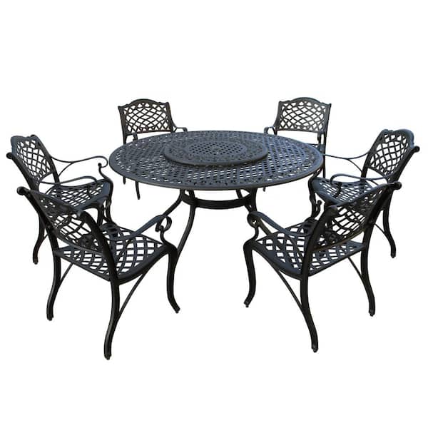 Oakland Living Black 7-Piece Aluminum Round Mesh Outdoor Dining Set with 6-Chairs and Lazy Susan