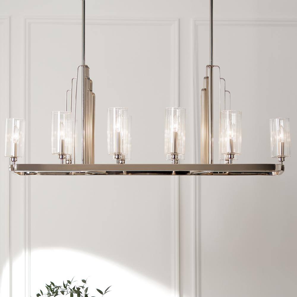 Kimrose Polished Nickel 10-Light Linear Chandelier with Clear Fluted Glass