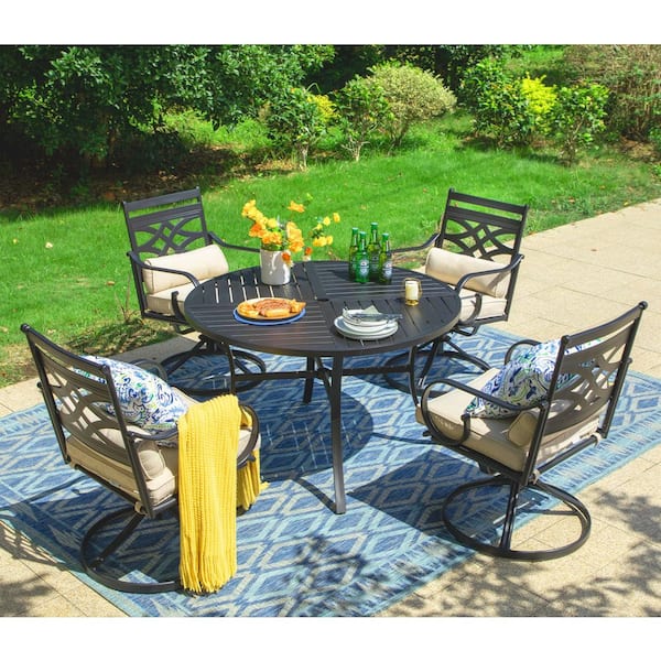 PHI VILLA 5-Piece Metal Patio 42 in. Round Table Outdoor Dining Set with Swivel Beige Cushions Dining Chairs
