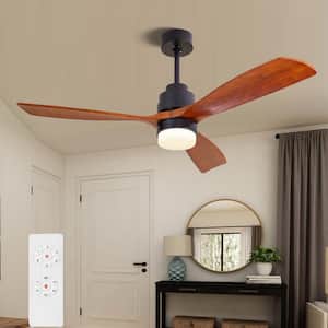 52 in. Solid Wood Blade Integrated LED Indoor Black Brown Ceiling Fan with Light and Remote Control