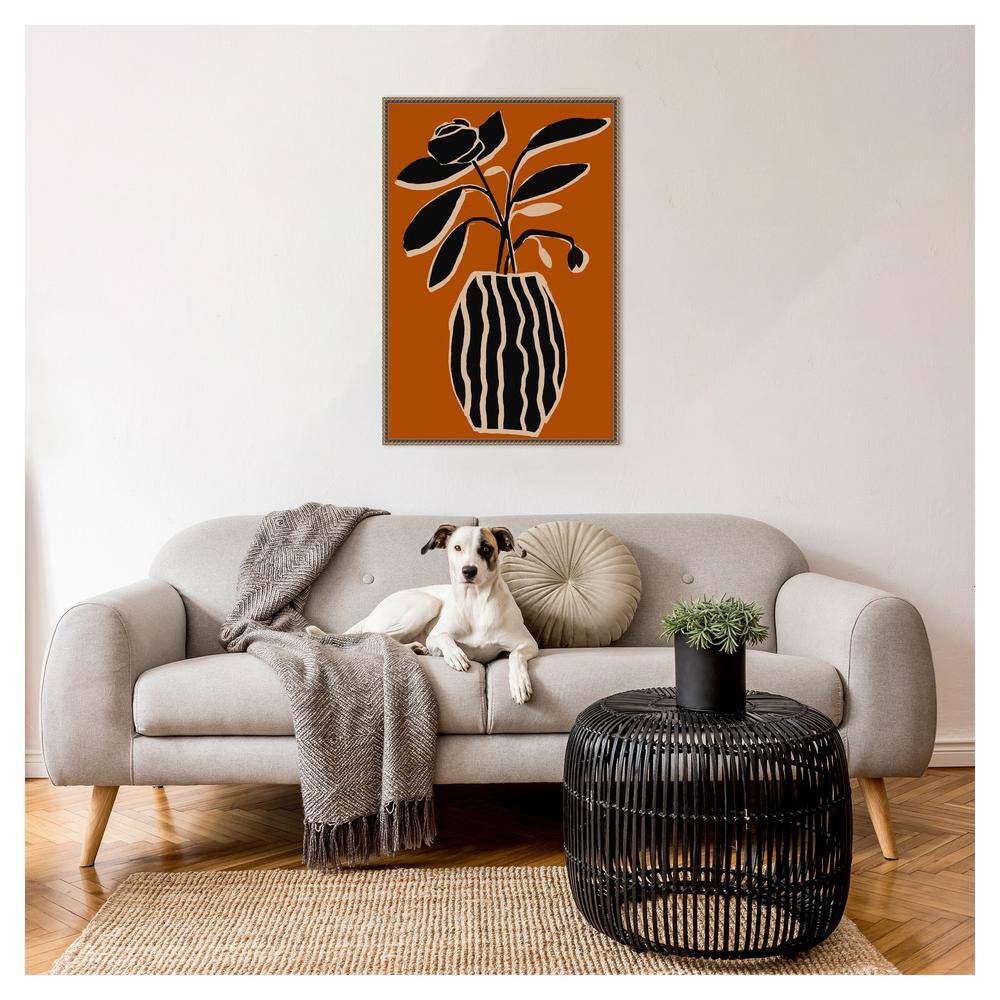 Ochre and Black Abstract Floral Canvas Print with Bronze Frame