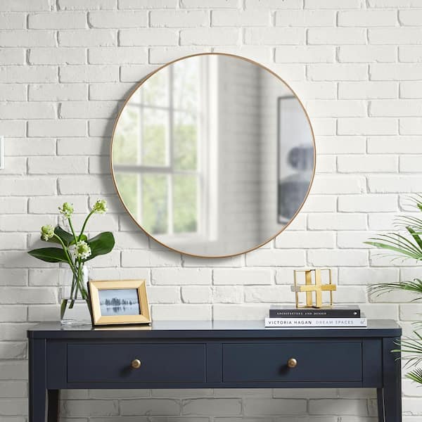StyleWell 28 in. W x 28 in. H Large Round Framed Wall Mirror in Gold
