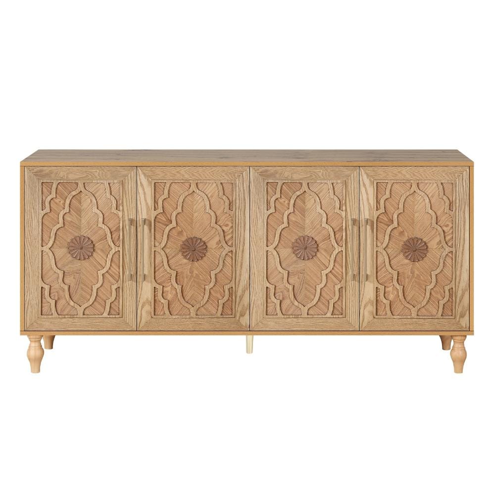 Natural Wood 32 in. Accent Cabinet Office Storage Cabinet with 2 Shelves and Carved Door Design price history on PriceWatchPro