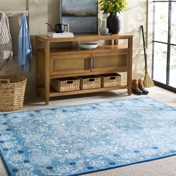 Martha Stewart Washable Blue/Beige 4 ft. x 6 ft. Machine Washable Geometric Border Floral Area Rug
