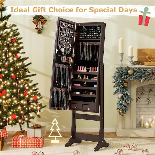 Brown Wood 16 in. Lockable Mirrored Jewelry Cabinet Armoire Organizer Storage w/Stand & LED Lights