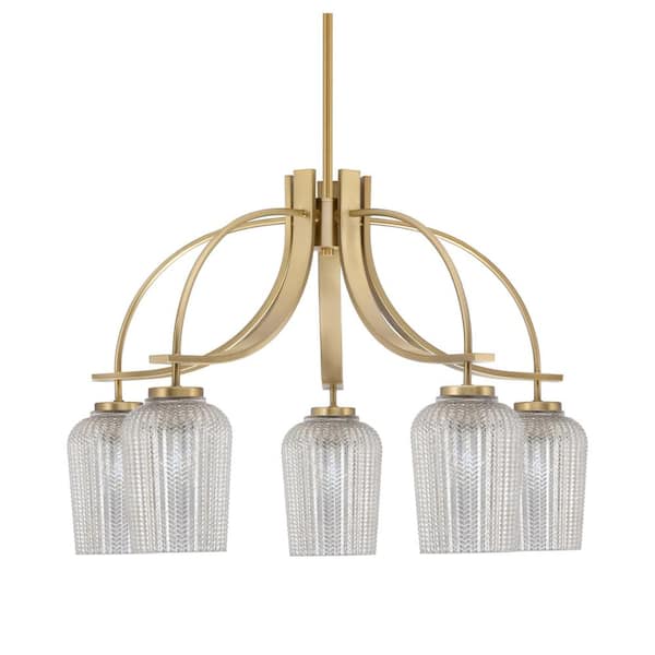 Unbranded Olympia 17.75 in. 5-Light New Age Brass Downlight Chandelier 5 in. Silver Textured Glass Shade