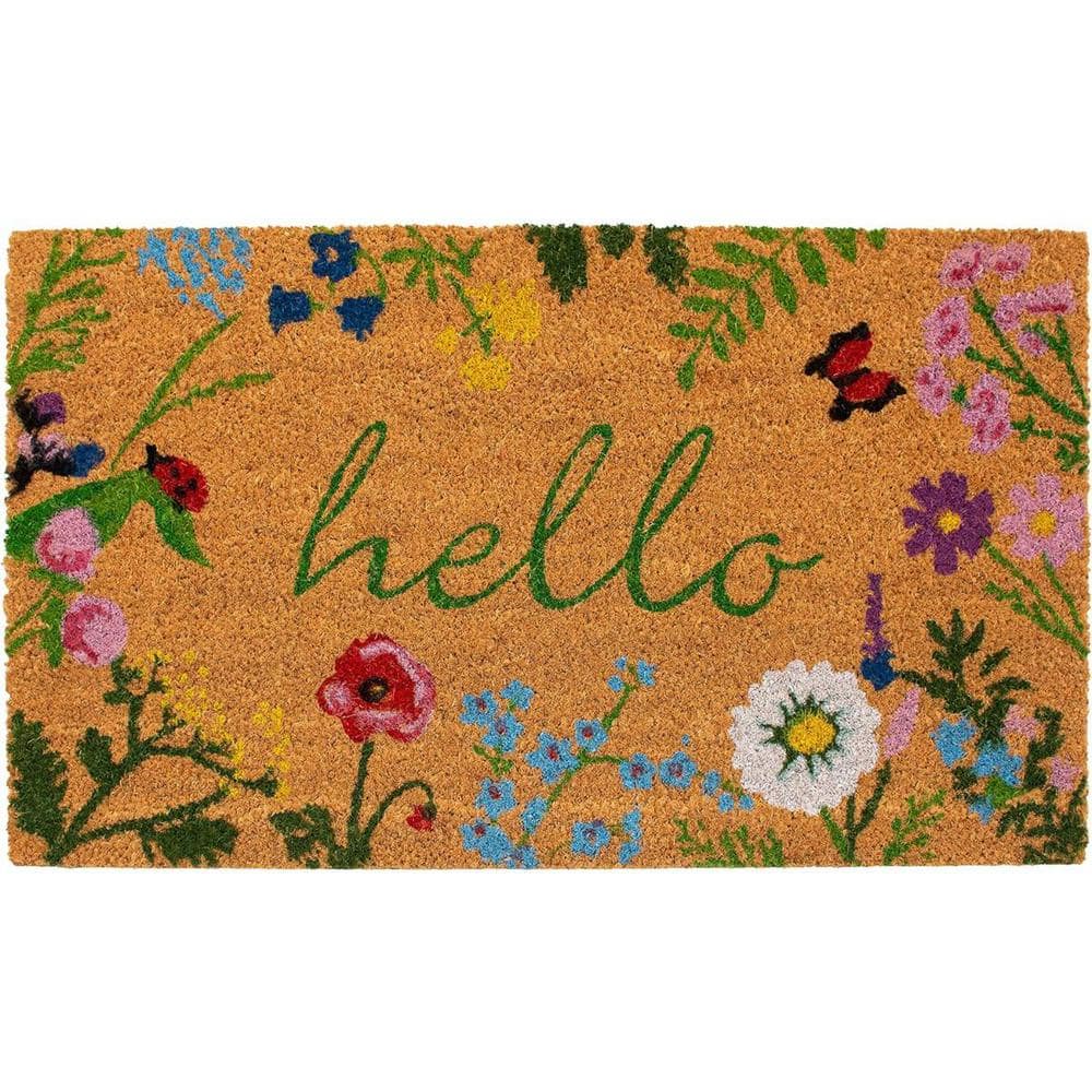 Floral Hello Coir Rectangular Outdoor Doormat, 24" x 36"