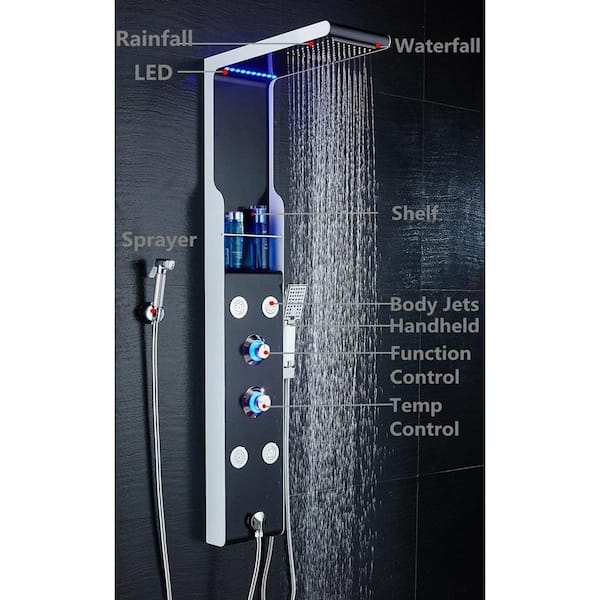 53 in. 4-Jet Shower Panel System with Shelf LED Rainfall Waterfall Head Handshower and Bidet Sprayer in Silver Black 53 in. 4-Jet Shower Panel System with Shelf LED Rainfall Waterfall Head Handshower and Bidet Sprayer in Silver Black