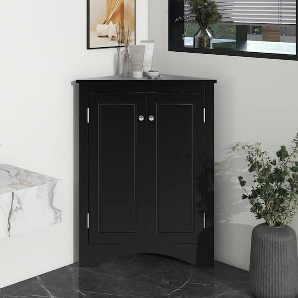 EPOWP 17.2 in. W x 17.2 in. D x 31.5 in. H Black MDF Board Freestanding Corner Linen Cabinet with Adjustable Shelves in Black