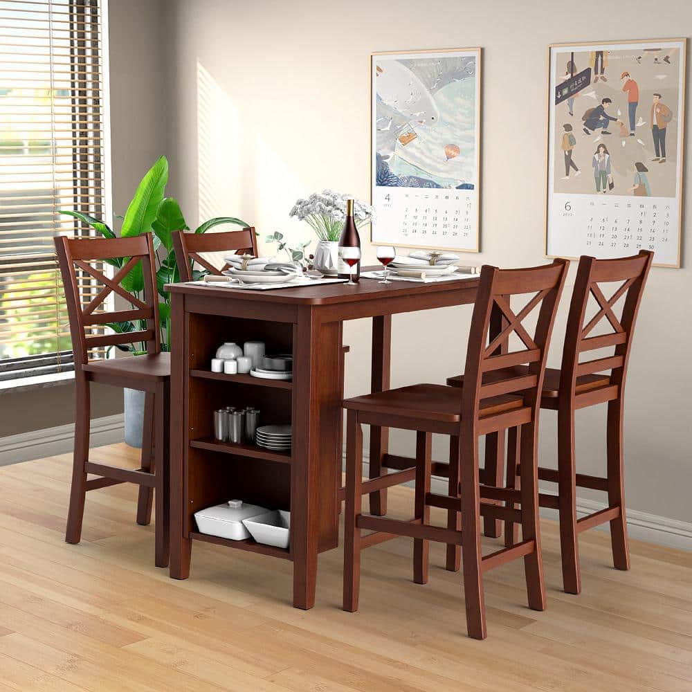 Antique Walnut 24'' Counter Height Wood Bar Stools, Set of 4