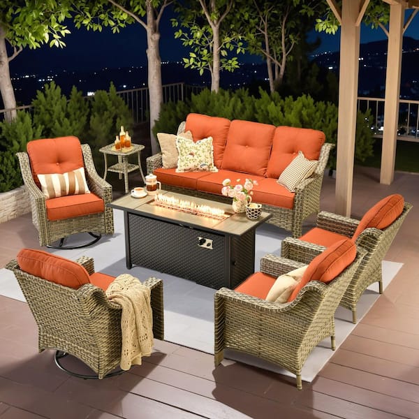 Tulip R 7-Piece Wicker Patio 54" Fire Pit Conversation Set with Swivel Rocking Chairs and Red Cushions