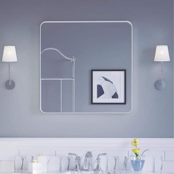 30 in. W x 30 in. H Rectangular Aluminum Framed Modern Silver Rounded Wall Mirror