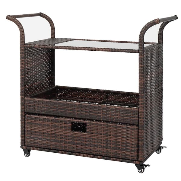Karl home Wicker Outdoor Bar Cart with Storage Cabinet