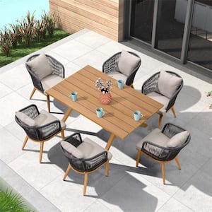 Teak-Finish 7-Piece Wicker Aluminum Frame Outdoor Dining Set and Pillows Included with Beige Cushions