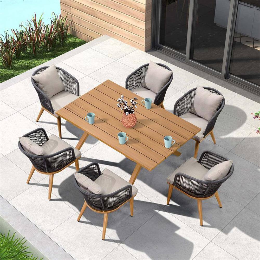 Teak-Finish 7-Piece Wicker Square Aluminum Frame Outdoor Dining Set and Pillows with Beige Cushions
