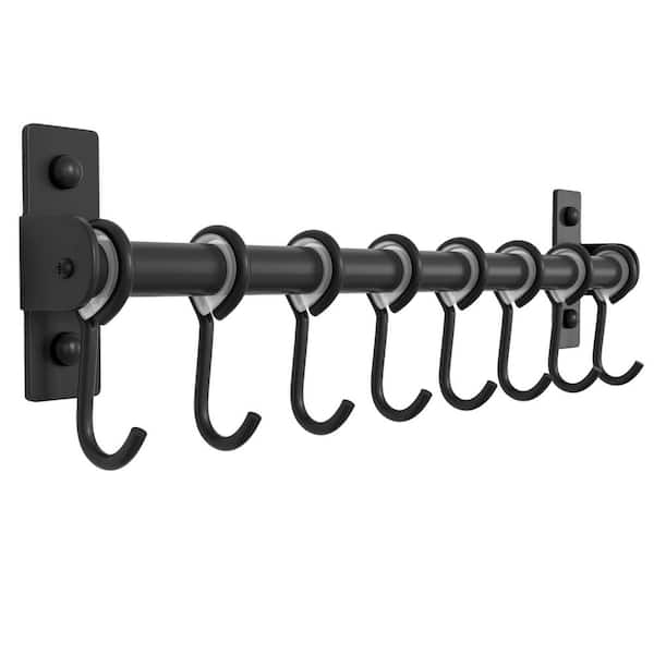 Kitchen Utensil Holder Hanger, Wall Mount Pot and Pan Rack with 8 Hooks, Stainless Steel, 16 Inch, Black