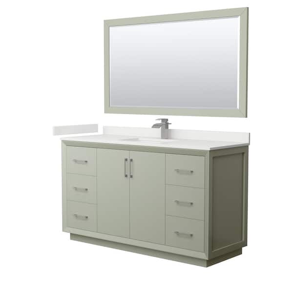 Wyndham Collection Strada 60 in. W x 22 in. D x 35 in. H Single Bath Vanity in Light Green with White Quartz Top and 58 in. Mirror