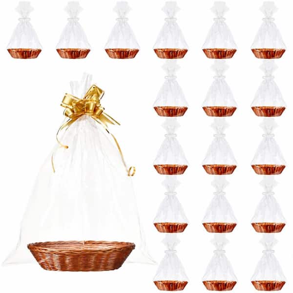 Oval Tan Plastic Woven Gift Basket Set with Clear Polypropylene Gift Bags 18 Piece Basket Set