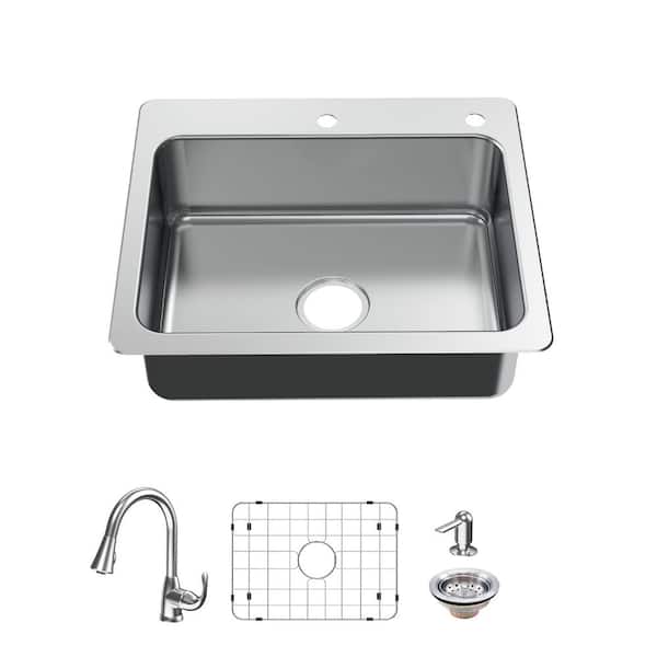 Bratten 25 in. Drop-In Single Bowl 18 Gauge Stainless Steel Kitchen Sink with Pull-Down Faucet