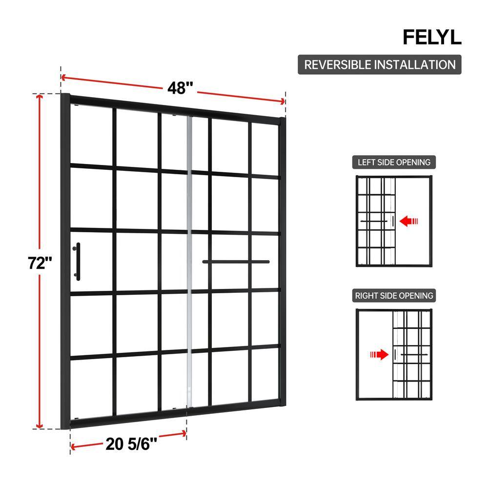 FELYL 48" x 72" Black Framed Sliding Shower Door with Clear Glass