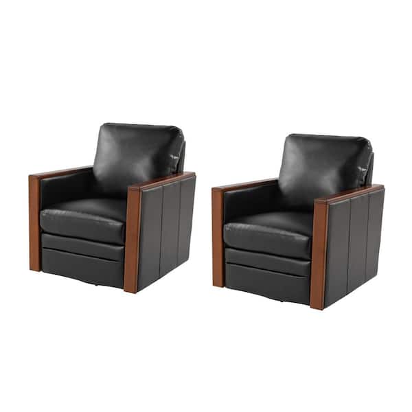 JAYDEN CREATION Alex Modern Leather Swivel Armchair with Wood Arms Set of 2-BLACK