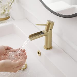 Waterfall Single Handle Single Hole Modern Bathroom Faucet Bathroom Drip-Free Lavatory RV Sink Faucet in Brushed Gold