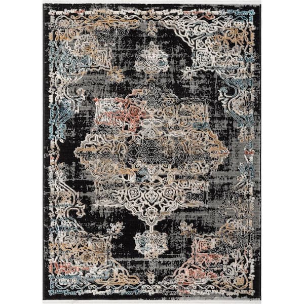 Well Woven Indira Maura Black Bohemian Vintage Medallion Oriental 7 ft. 10 in. x 9 ft. 10 in. Textured Area Rug