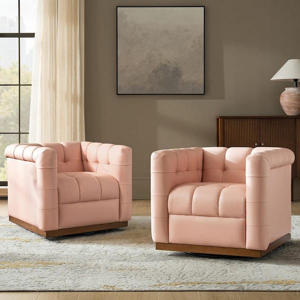 Gunther Pink Genuine Leather Swivel Club Arm Chair (Set of 2) with Wooden Apron