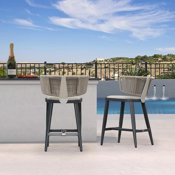 Modern Aluminum Wicker Counter Height Outdoor Bar Stool with Woven Rope Back Patio Barstools, Gray(2-Pack)