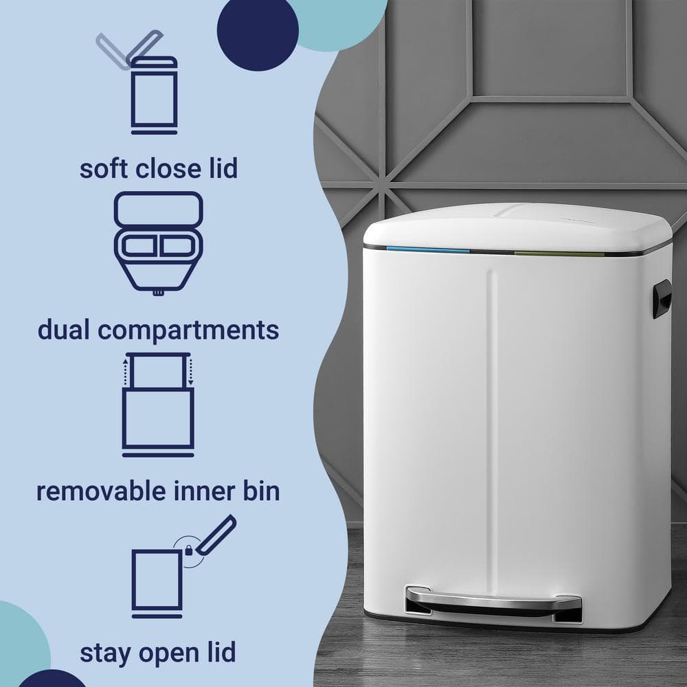 White Stainless Steel Rectangular Pedal Trash Can with Soft-Close Lid