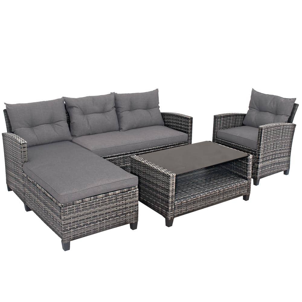 HONEY JOY 4-Piece Wicker Patio Furniture Set Outdoor Rattan Sofa Loveseat Set with Gray Cushions - 1