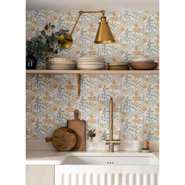 Passiflora Apricot Blue Fruit and Floral Wallpaper