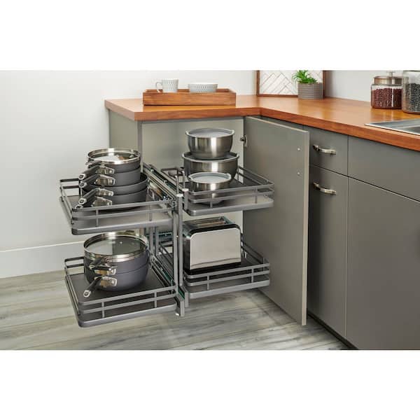 Steel 2-Tier Pullout Solid Bottom Organizer for Blind Corner Cabinets w/ Soft-Close