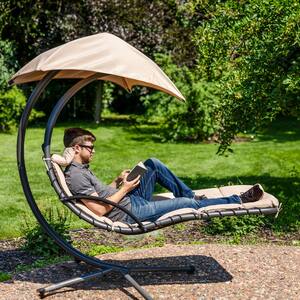 Floating Metal Patio Chaise Lounge Chair with Umbrella and Beige Cushions