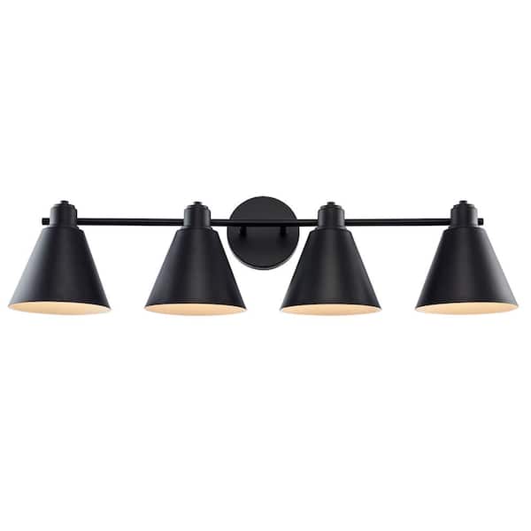 Bel Air Lighting Forge 31.75 in. 4-Light Black Bathroom Vanity Light Fixture with Metal Cone Shades