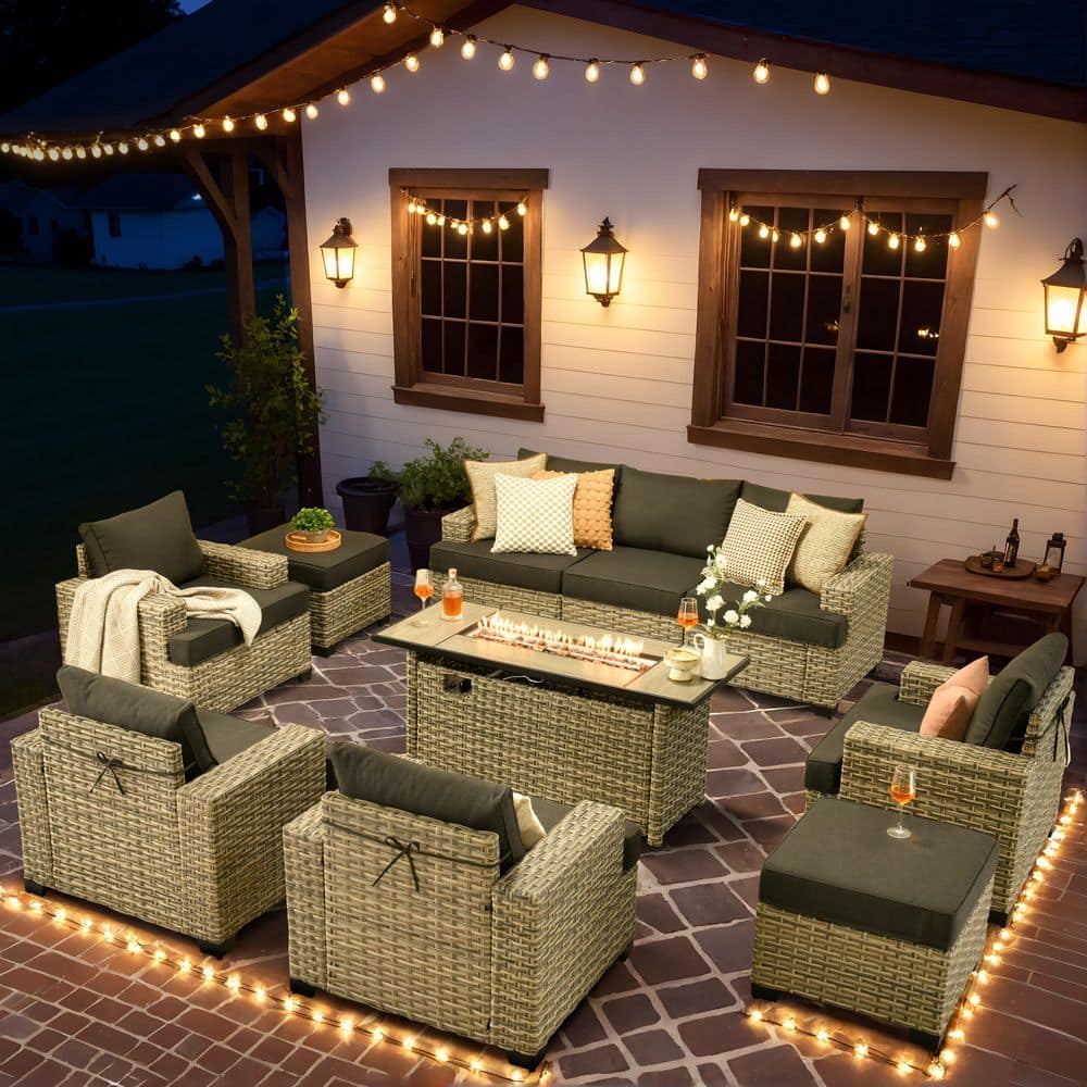 Building Pit Set OVIOS Tiberte Gray 10-Piece Wicker Patio Rectangle Fire Pit ...