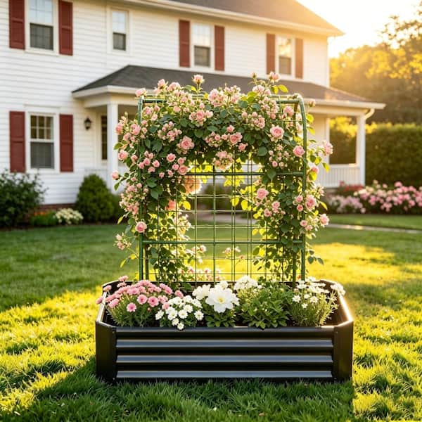 4 ft. x 2 ft. x 1 ft. Black Outdoor Raised Garden Bed Galvanized Metal Planter Box with Trellis