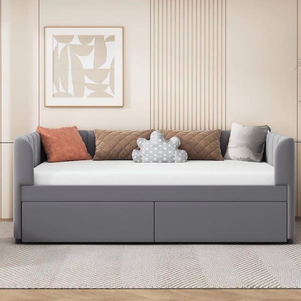Gray Twin Upholstered Daybed with Ergonomic Design Backrest and 2 Drawers