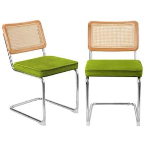 Upholstered Rattan Outdoor Dining Side Chairs w/ Cane Backrest, Chromed Metal Frame and Forest Green Cushion (Set of 2)